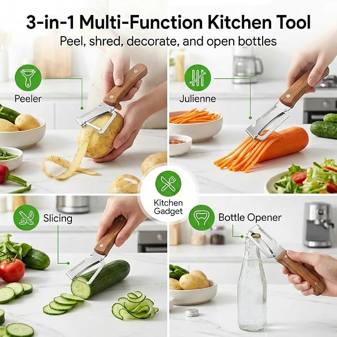 Elite Peeler and shredder, Stainless Steel Blade Thickened Heavy Duty, 0.2 ib Stable Grip, Wooden Handle Kitchen Peeler for Potato, Carrot, Cucumber, Apple, Multi-Functional Peeler Tool(2 Pack)