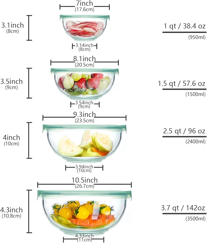 WhiteRhino Glass Mixing Bowl with Lids Set of 4,(1,1.5,2.5,3.7) Large Salad Bowl,Space-Saving Stacking Bowl for Kitchen Food Storage,Glass bowl for Cooking,Baking