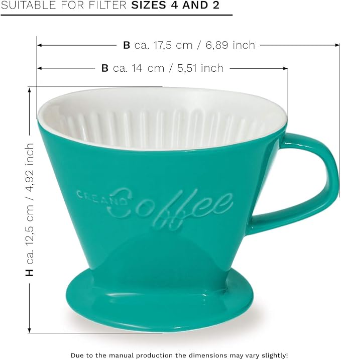 Creano XXL Porcelain Coffee Dripper Green - Ceramic Cone Brewer - Pour Over Coffee Maker - Filter Size 4 - huge and heavy quality 800gr/28oz - 6 Colours availeble