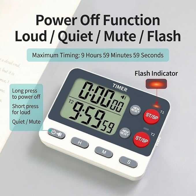 Digital Dual Kitchen Timer, 2 Channels Count UP/Down Kitchen Timer for Cooking, Large Display Cooking Timer with Magnetic Back, Loud Volume Alarm and Flashing Light, Battery Included