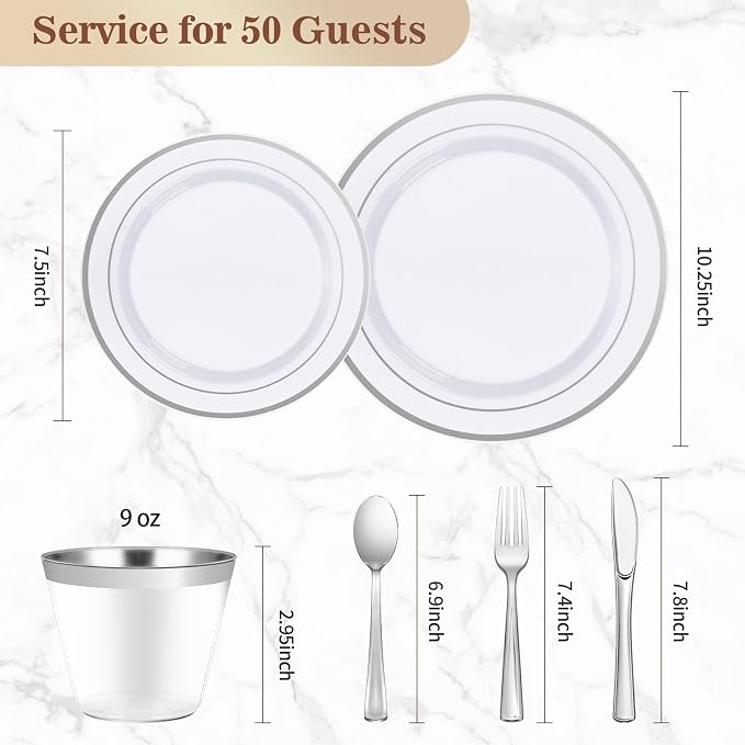 BESTVIP 300PCS Plastic Dinnerware Set (50 Guests), Silver Disposable Plates for Party, Wedding, Christmas, Anniversary, Includes: Dinner Plates, Dessert Plates, Cups, Spoons, Forks and Knives | for Party, Wedding, Anniversary, Includes: Dinner Plates, ...