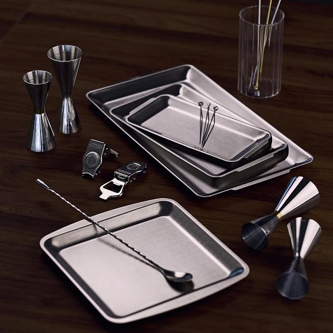 Wagensteiger SUS304 Stainless Steel Serving Platters, Rectangle Metal Dinner Plate with Handles, Decorative Tray, Lightweight, Cheese Board, Oven Safe (10.43 x 5.91 inches)
