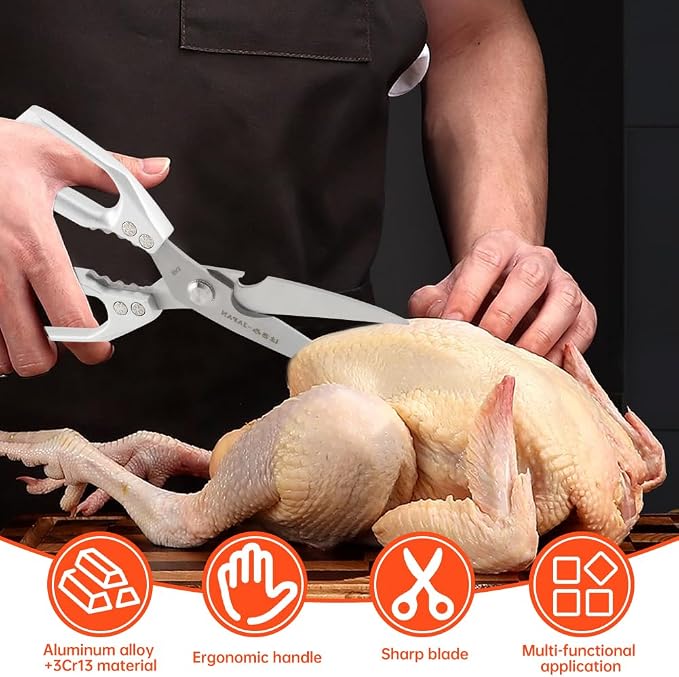 2Pcs Kitchen Scissors Set, Heavy Duty Sharp Silver Poultry Shears | All Purpose Kitchen Shear, Dishwasher Safe for Cutting Food, Chicken Bones & Turkey