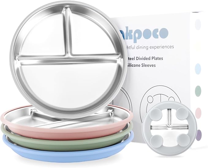 Bakpoco Stainless Steel Suction Plates for Toddlers, 9" Divided Kids Baby Plates with Removable Silicone Suction, Non Toxic Non Slip Portion Control Snack Dishes 4 Packs, Blue Green Gray Pink