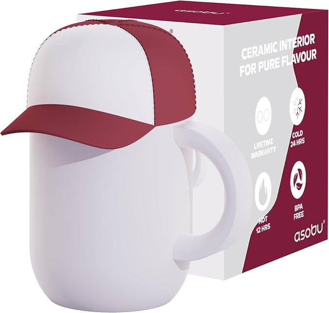asobu Happy Hat Mug – 12 oz Double-Walled Stainless Steel Insulated Cup with Beanie-Shaped Lid – Ceramic Inner Coating – Spill-Proof and Ergonomic Design for Home and Travel (Red)