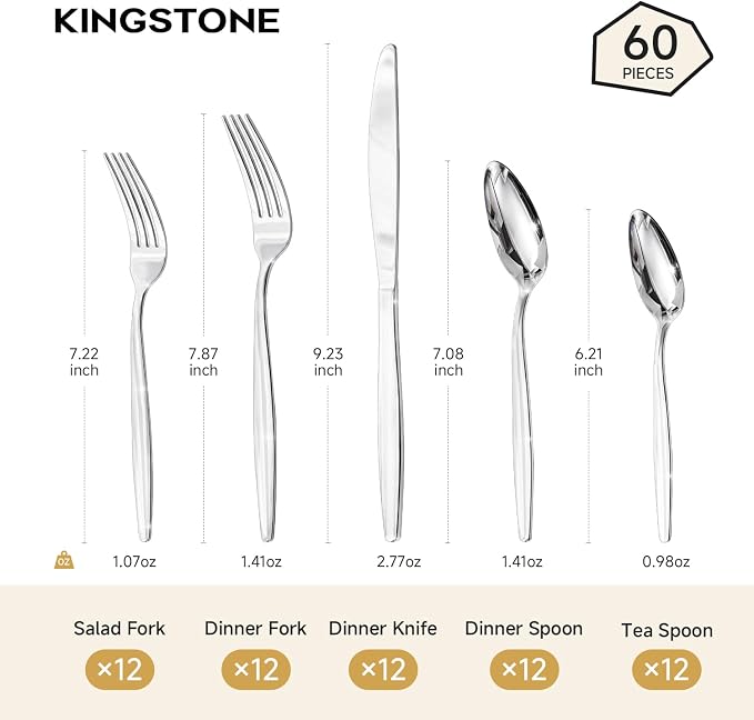 18/10 Stainless Steel Silverware Set for 12,60 Piece Flatware Set | Heavy Duty Dining Utensils & Cutlery Set, Mirror Polished Finish, Dishwasher Safe for Home Kitchen, Wedding & Housewarming