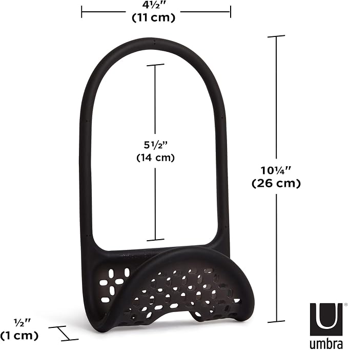 Umbra Sling Flexible Sink Caddy, Elastic Non-Slip Sponge Holder, Black | Rubber material, perforated base for drainage, prevents moisture buildup, fits faucet necks, easy rinse clean