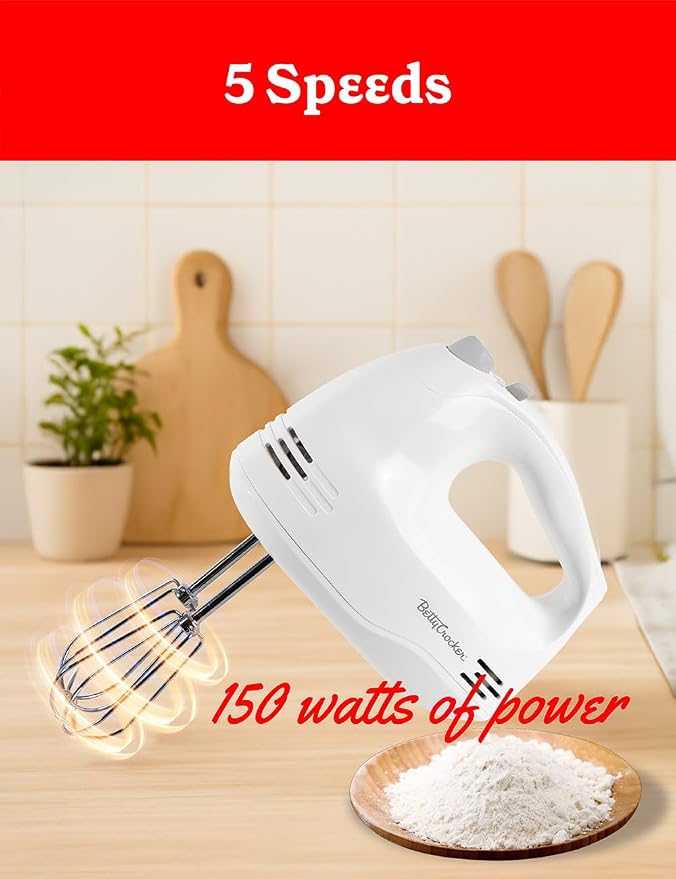 Betty Crocker 5-Speed Hand Mixer, 150 Watts Power, BC-4203WT, White | Easy-Clean Chrome Plate Beaters, Beater Eject Button, Heel Rest, Sleek Compact Design, Apartment Essentials