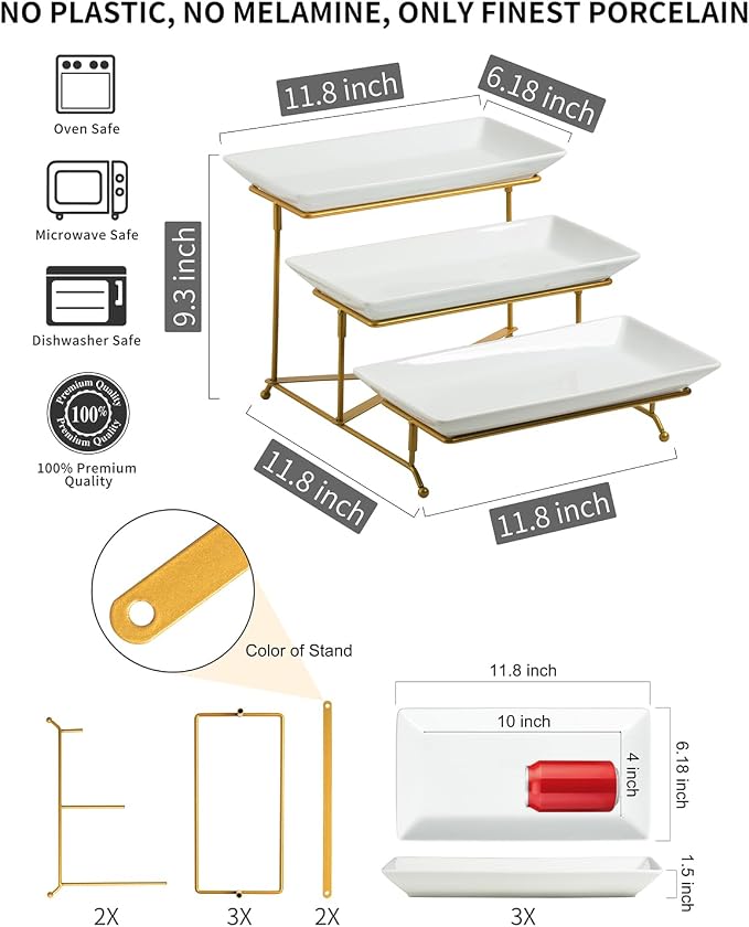 LAUCHUH 3 Tier Serving Tray, Porcelain Serving Platter Tier Serving Stand | Serving Trays and Platters with Collapsible Sturdier Rack Dessert Party Display Set for Baby Shower, Christmas, Gold, 12 Inch