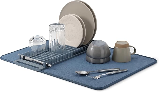 Umbra Udry Dish Rack and Microfiber Drying Mat – Space-Saving Design Folds Up for Easy Storage, Basic Rack, Slate Blue | Protects countertop, BPA-free, recycled plastic construction