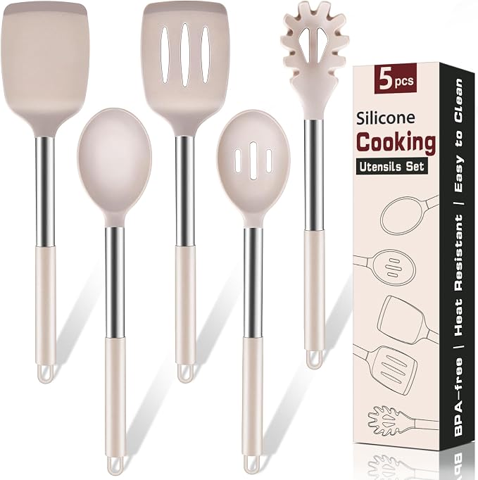5Pcs Silicone Cooking Utensils Set, Heat Resistant Kitchen Tools Include Solid&Slotted Spatula, Cooking Spoon and Pasta Server, Silicone Kitchen Utensils set for Nonstick Cookware Flipping, Khaki