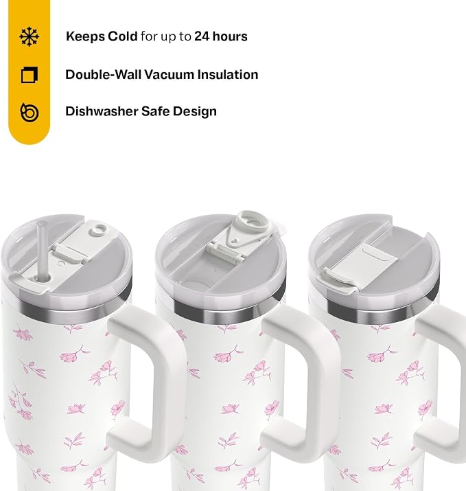 RTIC 30 oz Road Trip Tumbler Double-Walled Ceramic Lined InsulatedStainless Steel Portable Travel Coffee Mug Cup with Lid, Handle and Straw, Pink Magnolias