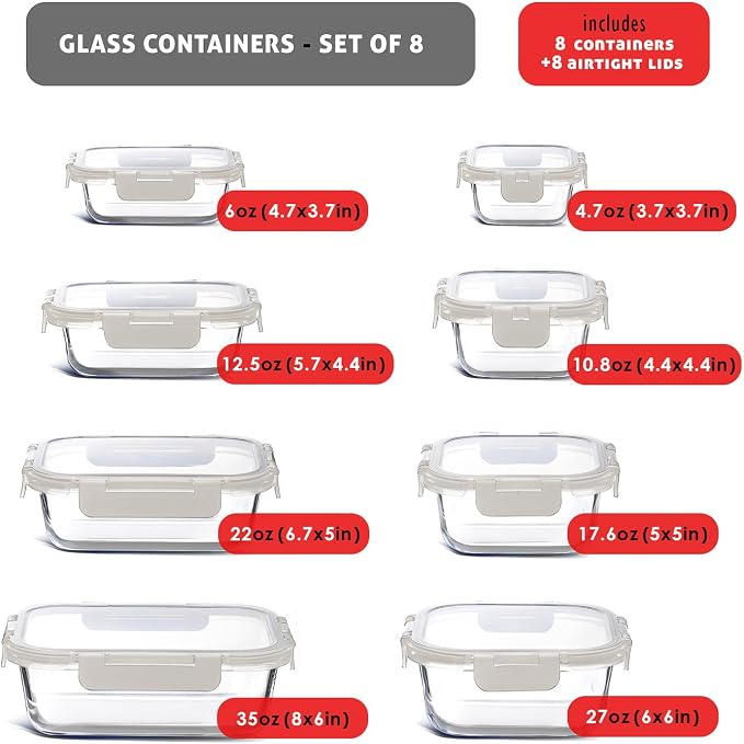 EATEX 16pc Glass Storage Containers with Lids, 8 Glass Food Storage Containers with 8 Airtight Lids for Pantry & Kitchen, Meal Prep Containers for Lunch, Oven Freezer Microwave & Dishwasher Safe
