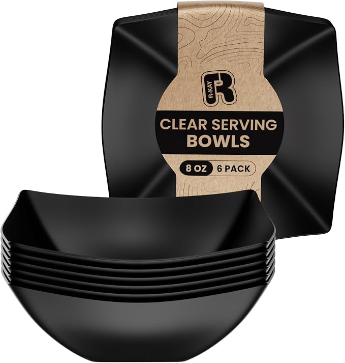 R-kay 6 Pack Square Plastic Serving Bowls - Black Plastic bowls 8 Oz - Disposable Serving Bowls, Disposable Heavy Duty For Weddings Catering And Birthday parties