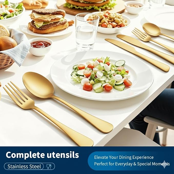GPY 48-Piece Gold Silverware Set with Steak Knives, Flatware Set for 8 | 18/0 Stainless Steel Forks Spoons and Knives Flatware Set with Mirror Polish, Dishwasher Safe for Home Kitchen & Restaurant
