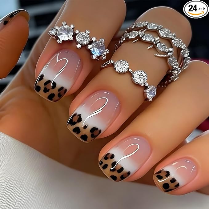 24Pcs French Tip Press on Nails Short Square WLGDLH Summer Fake Nails Press ons Nail Art Tips with Brown Leopard Print Design Acrylic Glue on Nails Full Cover Nude False Nails for Women Manicure