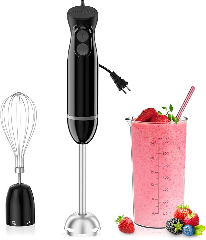 Bonsenkitchen 3-in-1 Immersion Blender Handheld with 2 Mixing Speed | Hand Blender with Egg Whisk & 24oz Beaker, Stainless Steel Blade, Portable Stick Mixer for Smoothie, Soup, Baby Food