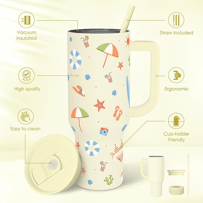 SANDJEST Beach 40oz Tumbler with Handle and Straw, Insulated Stainless Steel Travel Coffee Mug for Women Girls Beach Lovers, Gift Idea for Birthday Christmas Mothers Day Summer Vacation (Color)