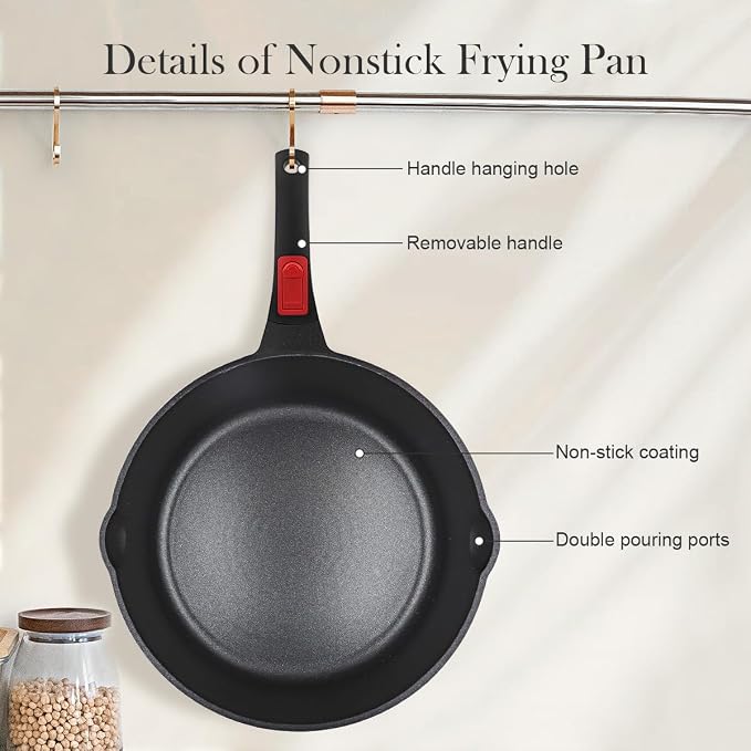 Small 8 Inch Frying Pan Skillet with Lid, Non Stick Saute Pan, Egg Pan Nonstick with Detachable Handle, Induction Compatible, Oven Safe, PFOA PFOS APEO Free, Red