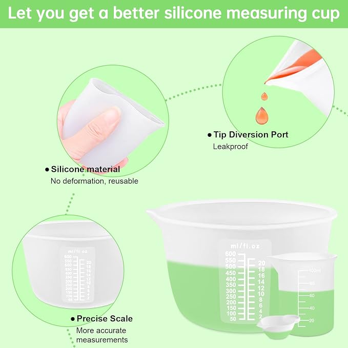 Sjubaopen Silicone Measuring Cups 600ml for Resin, Epoxy, Baking | Easy to clean, Heat Resistant, Thickened, 100ml+10ml, Stir Sticks, Droppers, Finger Cots for Wax,Chocolate, Jewelry