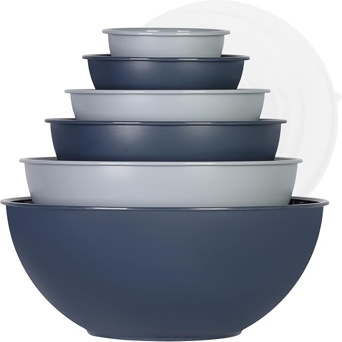 BoxedHome BPA Free Plastic Round Mixing Bowl with Lids, 12 Pack Nesting Bowls with Lids Set, Microwave and Dishwasher Safe Prep & Serving Bowls Great for Mixing, Baking, Serving (Haze Blue, 12pcs)