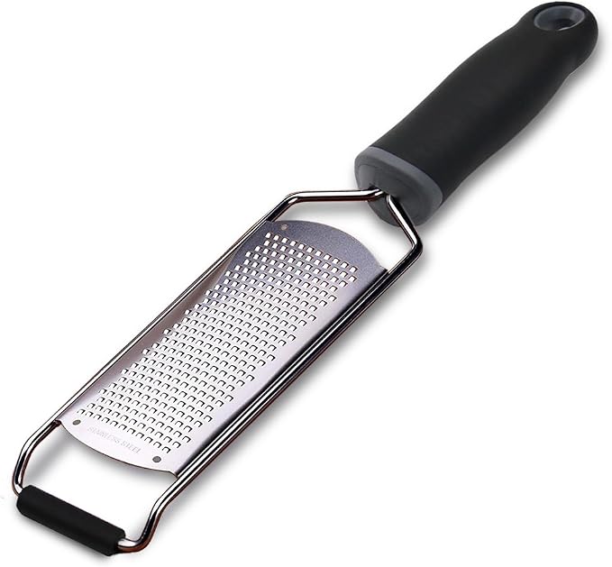 Wide Lemon Zester & Cheese Grater, 18/8 Stainless Steel with Cover, Black | Extra-wide Fine Grating Surface for Citrus, Parmesan, Ginger and Garlic, 18/8 Stainless Steel Blade, Non-slip Top Pads, Cover