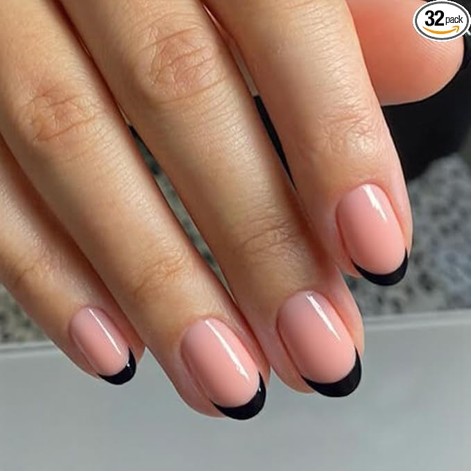 modelones Black French Tip Press On Nails, Short Oval Fake Nails Press Ons | with Nail Glue, Adhesive Tabs, Nail File, Prep Pad, Manicure Stick, 32Pcs 16 Sizes, Women Girl Gift