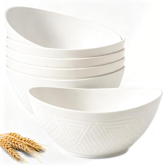 Wheat Straw Bowls, Large Salad Bowls Set of 6, 60 OZ Large Capacity Serving Bowl for Kitchen, Picnic, Camping,Lightweight Unbreakable Microwave and Dishwasher Safe Big Bowl - White