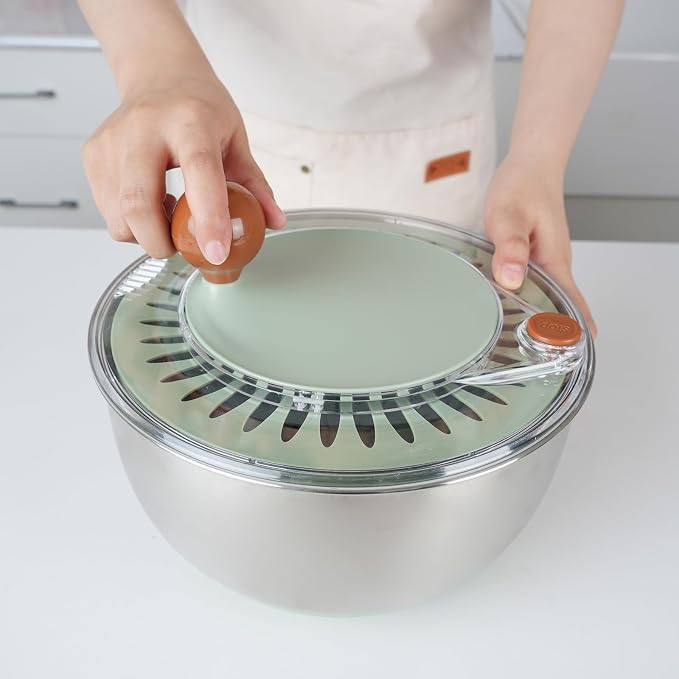 Stainless Steel Salad Spinner, 5.3 Qt Lettuce Spinner with Non-Slip Base, Drain and Stop Button, Fruit and Vegetable Washer and Dryer Spinner, Green