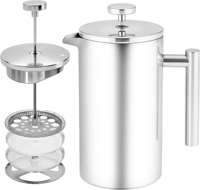 French Press Coffee Maker, 304 Grade Stainless Steel French Press with 2 Extra Filters for Home, Office, Travel, Camping - 34OZ/1 Litre (Sliver)