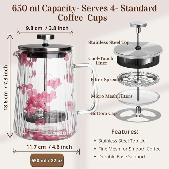 Glass French Press Coffee Maker, Heat Resistant Borosilicate Glass (22oz Pink Floral)