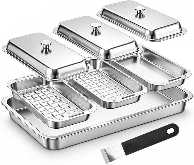 BBQ Vegetable Grill Basket Set, 4 Piece Stainless Steel Grill Pan Set with Universal Handle & lid, Dishwasher Safe, for Outdoor Cooking, Camping, Picnic, For Grilling Fish Veggies & Meats