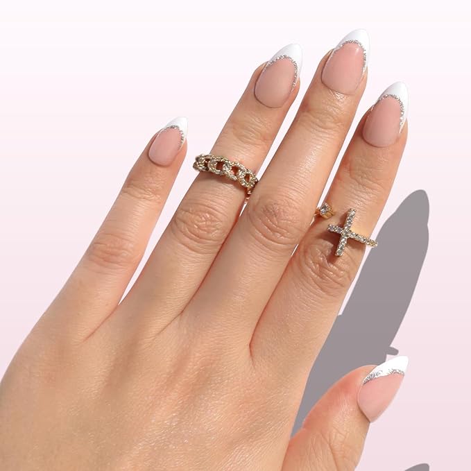 Nail Reformation Silver Lining Press On Nails, Short Almond, 16 Sizes 32Pcs | Nude Fake Nails in White Glitter French Tip in Glossy Finish, Gifts for Women