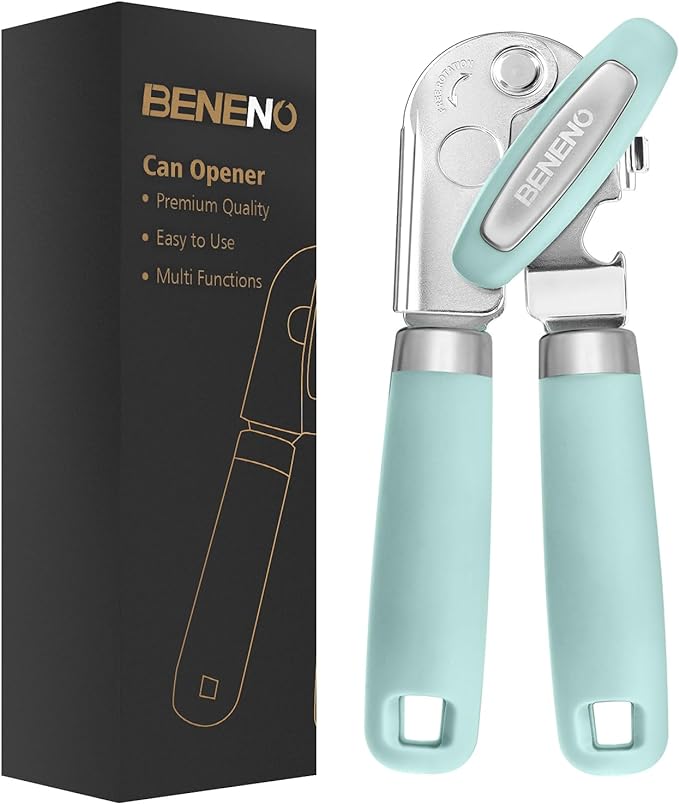 Beneno Heavy Duty Hand Can Opener Manual with Magnet Lid Remover, Mint | Razor-Sharp Carbon Steel Blade, Precise Smooth Cutting Gear, Big Effort-Saving Knob, Soft Grip Handle, Built-in Bottle Opener