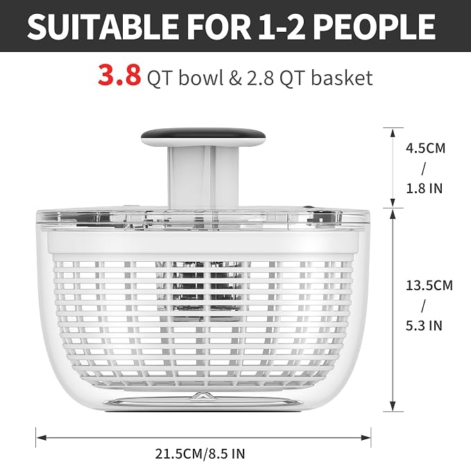 Salad Spinner Small Lettuce Spinner Kitchen Gadgets Vegetable Washer, High Efficiency for Home Kitchen Washing & Drying Leafy Vegetables, One-Handed Handle Easy Press 3.8 Qt White