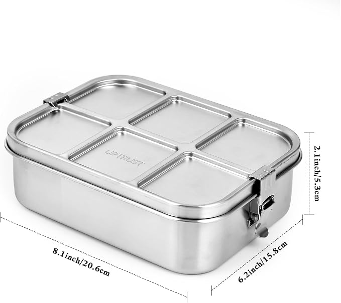 UPTRUST Stainless Steel Bento Lunch Box, 3-Compartment Large 1400ML Metal Bento Box for Kids or Adults, Container with Lockable Clips to Leak Proof