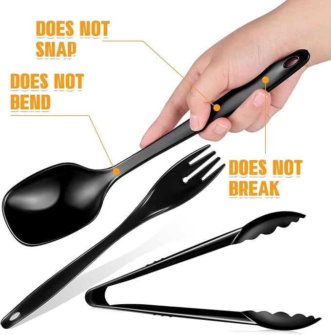 20Pcs Disposable Plastic Serving Utensils, Buffet Serving Utensils Set | 8 Black Plastic Serving Spoons, 4 Tongs, 8 Forks for Catering, Entertaining and Parties