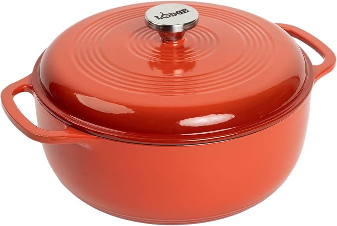 Lodge Essential Enamel Cast Iron Dutch Oven 6 Quarts - Perfect for Bread Baking, Braising, Marinating & Slow Cooking, Features Moisture-Sealing Lid & Dual Handles, Kitchen Essentials, Poppy