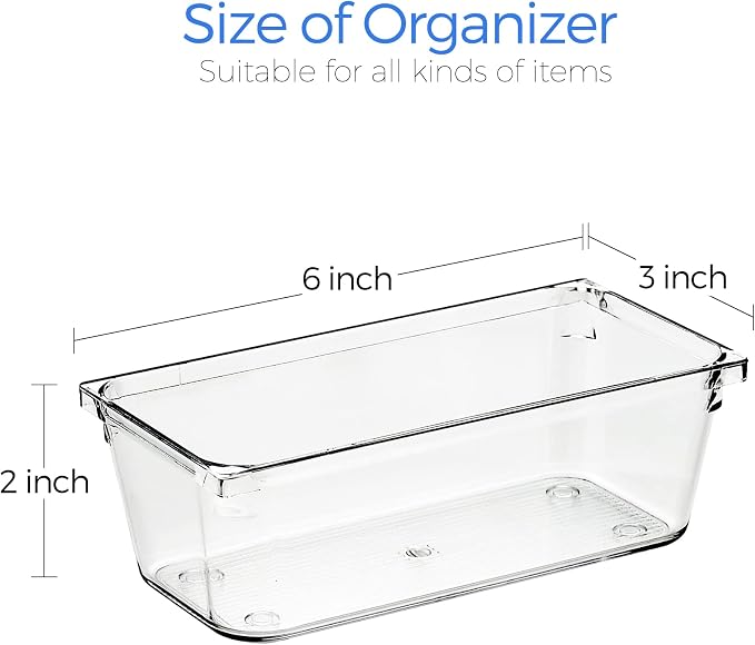 Ravinte 6 Pack Drawer Organizer, 3" x 6" Plastic Storage Bins | Acrylic Tray Design, Non-Slip Pads, For Makeup, Jewelry, Kitchen Utensils, Bathroom, Office Storage