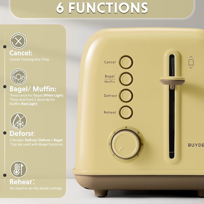 BUYDEEM DT620 2-Slice Toaster, 7 Shade Settings, Extra Wide 1.5'' Slots for Bagel & English Muffin, 6 Toasting Functions, Retro Stainless Steel Toaster with High Lift Lever, Mellow Yellow