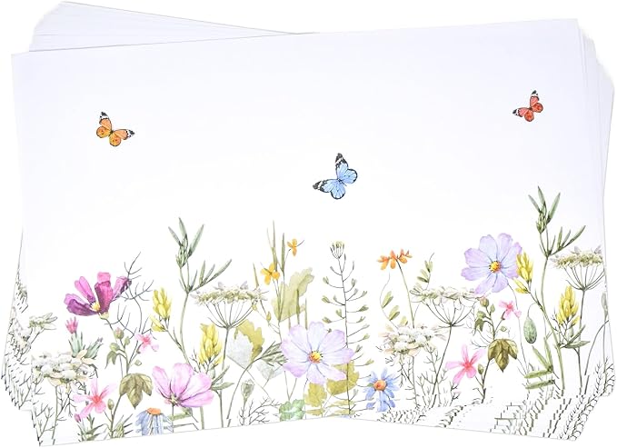 Floral Paper Placemats 50 Pack Wildflower Butterfly Table Mats Disposable Garden Party Spring Summer Dining Table Setting Decoration