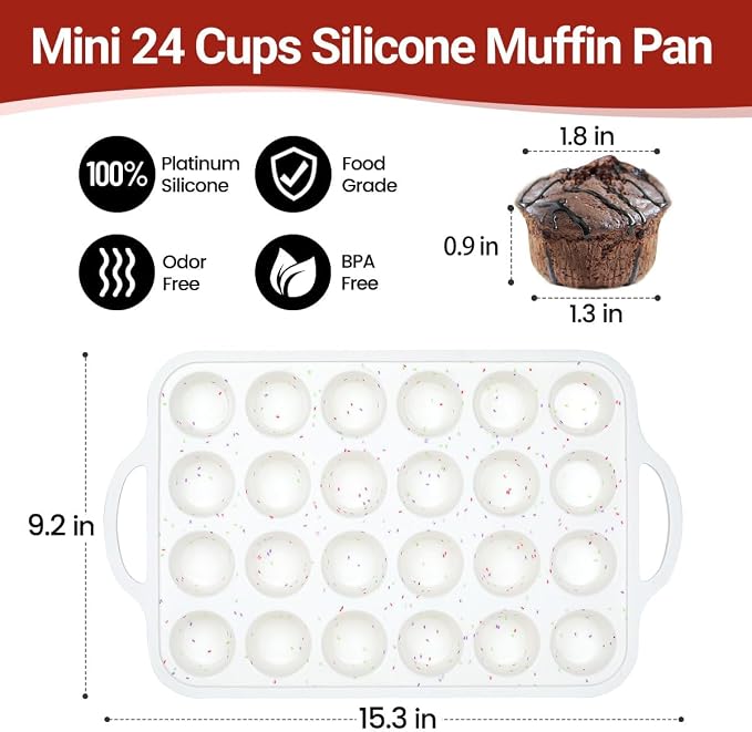 FUNBAKY Silicone Mini Muffin Pan with Metal Frame - Nonstick 24 Cups Mini Muffin Tin Handles, Oven Safe for Muffin, Cupcake, Egg Bites, Confetti