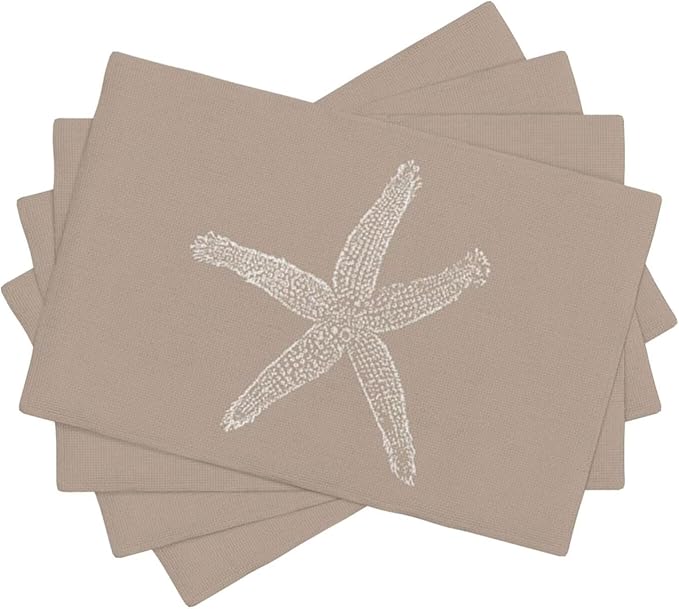 Summer Coastal Placemats Set of 4, Beach Theme Ocean Brown Tan Starfish Decorative Table Mat 12 x 18 Inch Heat Resistant Non Slip Line Fabric Nautical Place mat for Dining Table