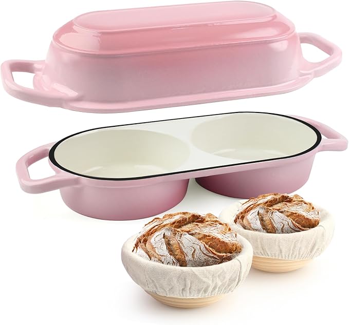 YONILL Mini Double Dutch Oven with Lid for Sourdough Bread Baking (Pink) | Enameled Cast Iron Pot with Lid, 5" Banneton Bread Proofing Basket Include, Dual Round Bread Loaf Pan for Homemade Baking
