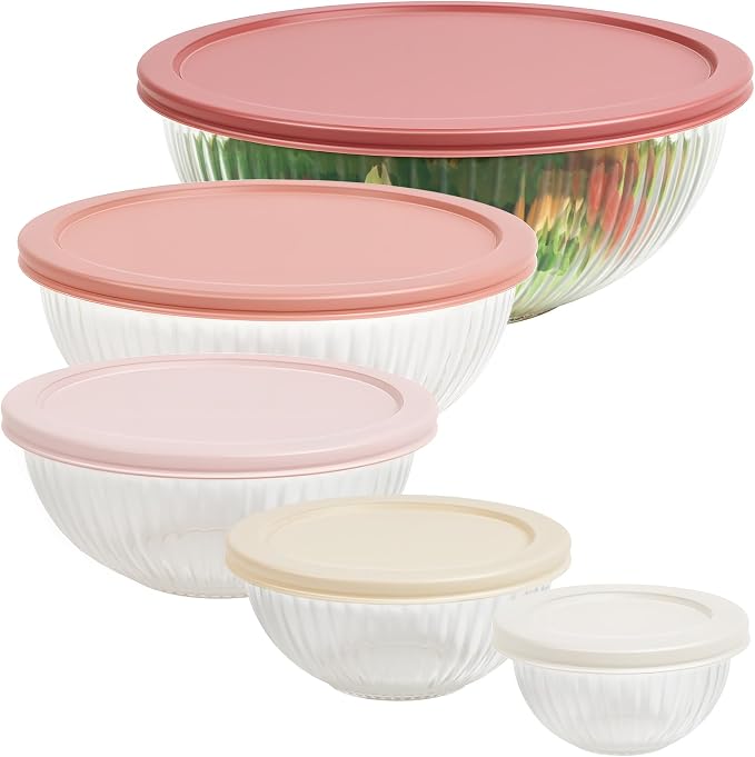 Glass Mixing Bowls with Lids Sets, 5 PCS Glass Bowls for Kitchen service | For Baking, Meal Prepping and Salad, Bpa Free, Microwave, Dishwasher and Oven Safe Serving Bowls, 0.2/0.5/1.1/2.1/3.7Qt