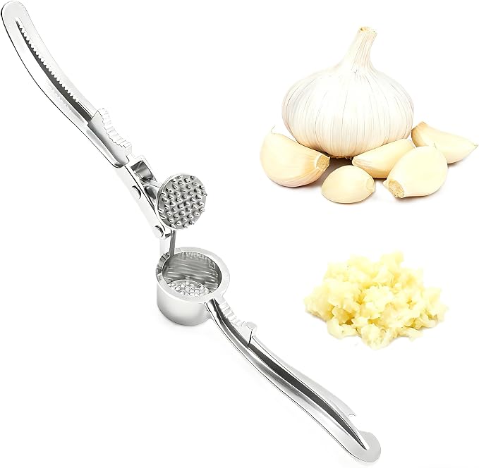 Aluminum Garlic Press with Peeler Dual Use for Garlic Nuts Ginger | Ergonomic easy-squeeze handle, rustproof, dishwasher safe for home camping use