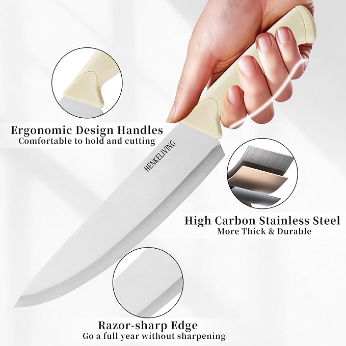 Knife Set, 6-Piece Kitchen Knife Set, German High Carbon Stainless Steel, Durable & Easy Clean Knife Block, Cream
