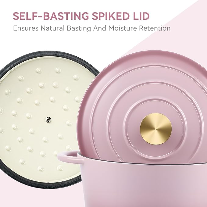 Miereirl 4.5 Quart Enameled Dutch Oven Pot with Lid, Cast Iron Dutch Oven with Dual Handles for Bread Baking, Cooking, Non-stick Enamel Coated Cookware, Pink