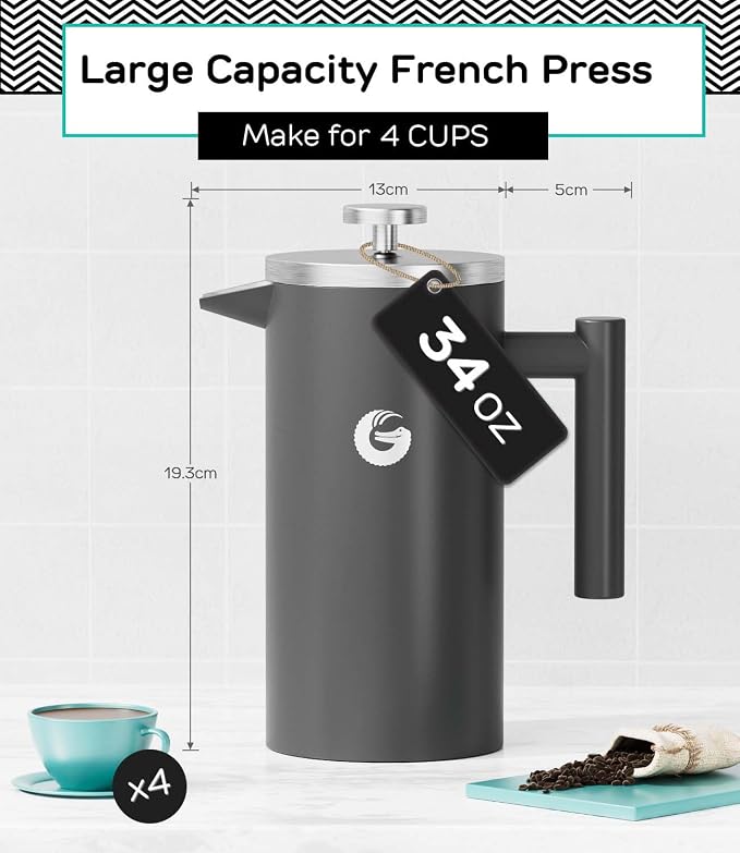 Coffee Gator French Press Coffee Maker 34 oz, Non-Toxic | Double Wall, 4-Layer Filter, Cold Brew Cafetera Tea Pot for Kitchen Travel Camping, Gifts, Decor, Bar Accessories, Gray