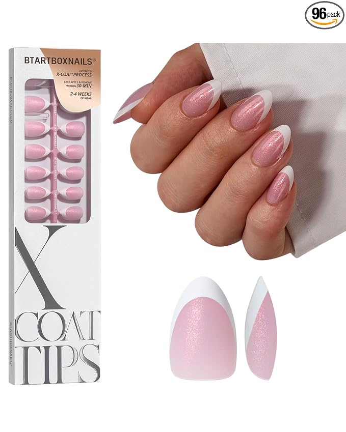 BTArtboxnails XCOATTIPS White French Tip Press On, S Almond, Pink Glitter | Lamp-Curable 4-Week Wear, Salon Quality Value at Home, Natural Nail Look, Easy-to-Apply for Beginners, 96ct Nail Tips Only